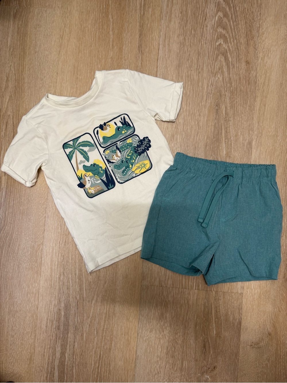 Kids Cream Graphic Tee & Teal-Blue Sleep Shorts Set